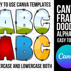 Canva Frame Doodle Alphabet UPPERCASE, LOWERCASE and Numbers, Editable Canva Letters template Custom Fill Pattern Digital Downloads