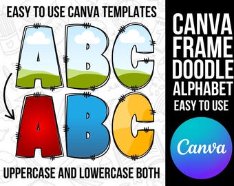 Canva Frame Doodle Alphabet UPPERCASE, LOWERCASE and Numbers, Editable Canva Letters template Custom Fill Pattern Digital Downloads