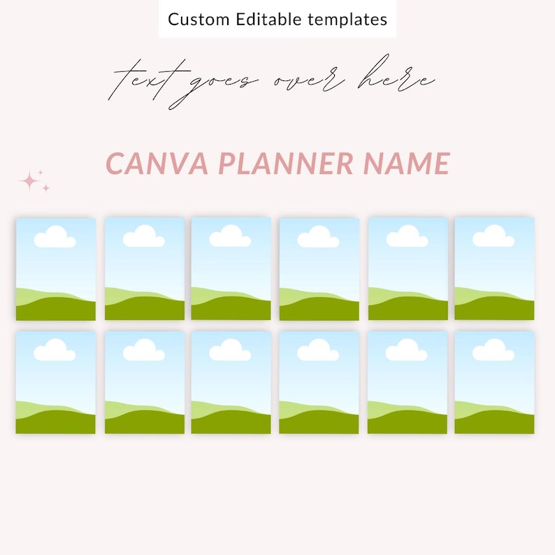 May include: A set of 12 planner dividers featuring a green grassy hill, blue sky, and white clouds. The text "CANVA PLANNER NAME" is at the top of the image.