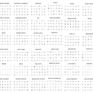 May include: A black and white image of 100 icons representing different business and lifestyle categories. Each category is labelled with a title at the top of the icon grid. The icons are simple line drawings.