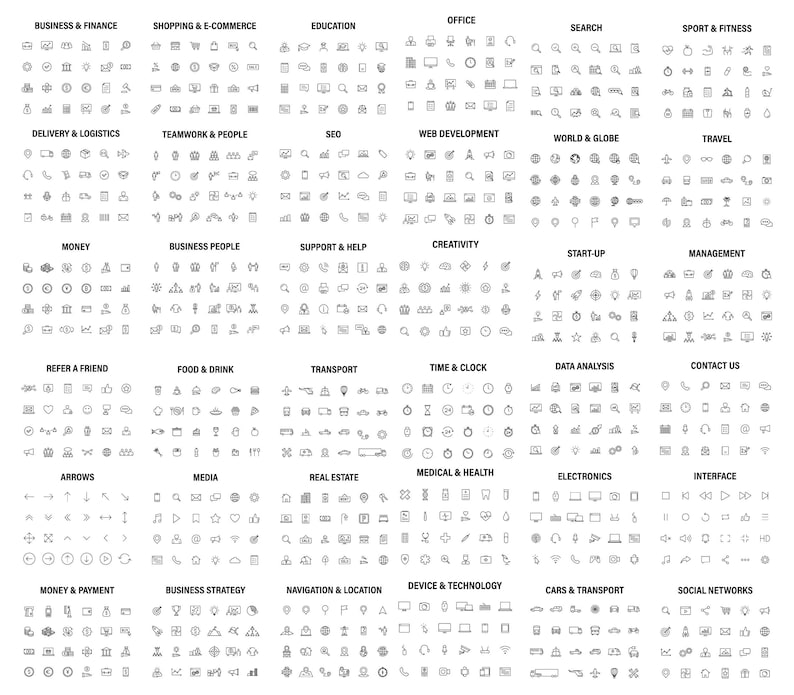 May include: A black and white image of 100 icons representing different business and lifestyle categories. Each category is labelled with a title at the top of the icon grid. The icons are simple line drawings.