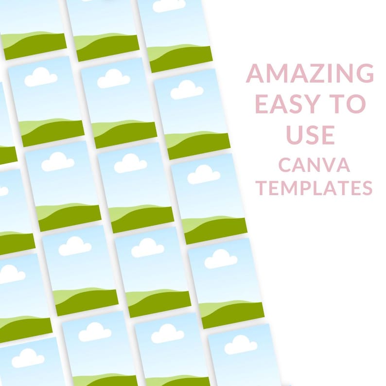 May include: A digital collage of 16 Canva templates featuring a simple landscape design with a green hill, blue sky, and white cloud. The text "AMAZING EASY TO USE CANVA TEMPLATES" is displayed in pink text on a white background.