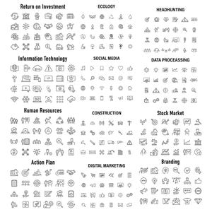 May include: A black and white image with 600 icons representing different business concepts. The icons are organised into 10 categories: Return on Investment, Ecology, Headhunting, Information Technology, Social Media, Data Processing, Human Resources, Construction, Stock Market, Action Plan, Digital Marketing, and Branding.