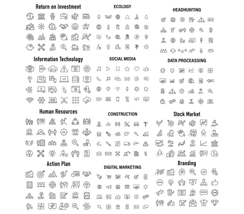 May include: A black and white image with 600 icons representing different business concepts. The icons are organised into 10 categories: Return on Investment, Ecology, Headhunting, Information Technology, Social Media, Data Processing, Human Resources, Construction, Stock Market, Action Plan, Digital Marketing, and Branding.