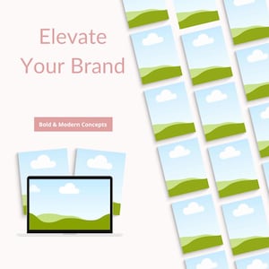 May include: A laptop computer with a screen displaying a landscape image of a blue sky with white clouds and green hills. The text "Elevate Your Brand" is displayed above the laptop. The text "Bold & Modern Concepts" is displayed below the laptop. The image is surrounded by a grid of smaller landscape images.