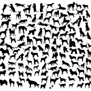 May include: A collection of black dog silhouettes in various poses against a white background. The image features a variety of dog breeds and sizes, including standing, sitting, and running dogs. A paw print is also included.