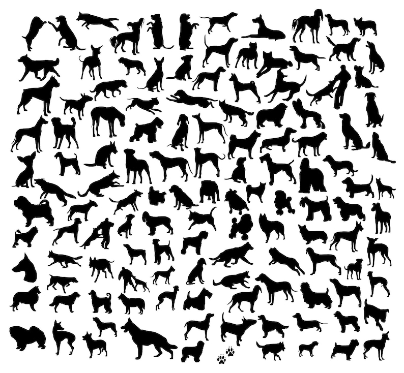 May include: A collection of black dog silhouettes in various poses against a white background. The image features a variety of dog breeds and sizes, including standing, sitting, and running dogs. A paw print is also included.