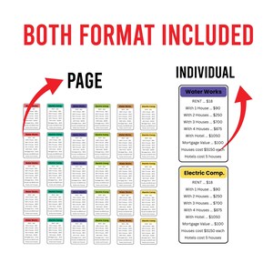 May include: Image features two formats of game cards. The text "BOTH FORMAT INCLUDED" is at the top in red. The left side shows multiple small cards labeled "PAGE". The right side shows two larger cards labeled "INDIVIDUAL" with details for "Water Works" and "Electric Comp."