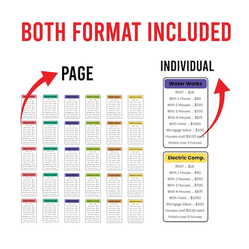 May include: Image features two formats of game cards. The text "BOTH FORMAT INCLUDED" is at the top in red. The left side shows multiple small cards labeled "PAGE". The right side shows two larger cards labeled "INDIVIDUAL" with details for "Water Works" and "Electric Comp."