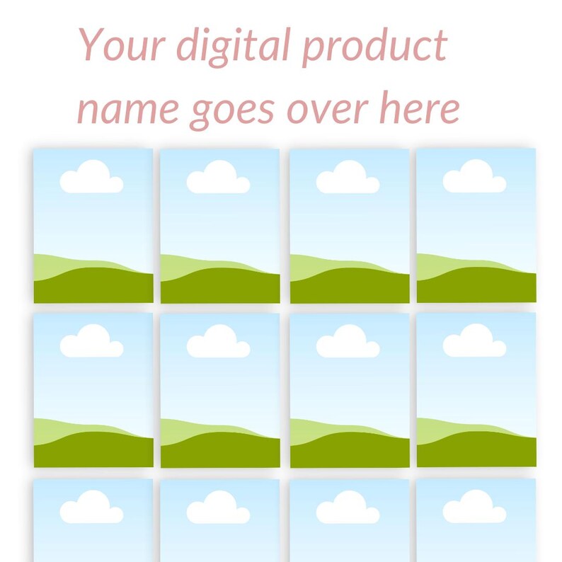May include: Twelve digital printable cards featuring a simple landscape design with a blue sky, white clouds, and green hills.
