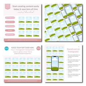 May include: A set of 100 Instagram post templates featuring a landscape scene with green hills, blue sky, and white clouds. The text "PLACE YOUR TEXT OVER HERE" and "Your Instagram templates name goes over here" is displayed on the template. The text "100" is displayed in a circle.