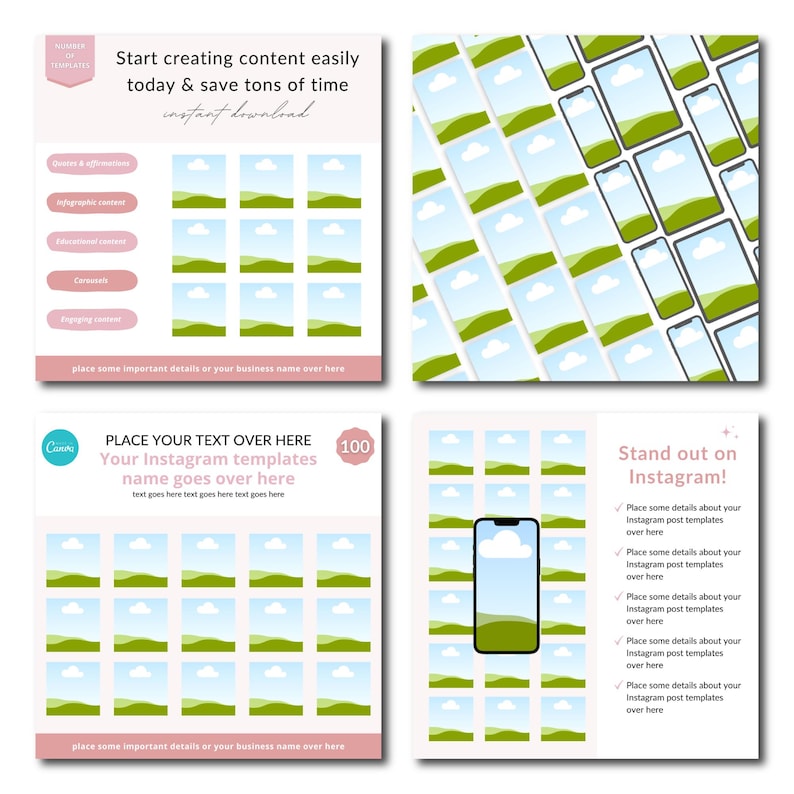 May include: A set of 100 Instagram post templates featuring a landscape scene with green hills, blue sky, and white clouds. The text "PLACE YOUR TEXT OVER HERE" and "Your Instagram templates name goes over here" is displayed on the template. The text "100" is displayed in a circle.