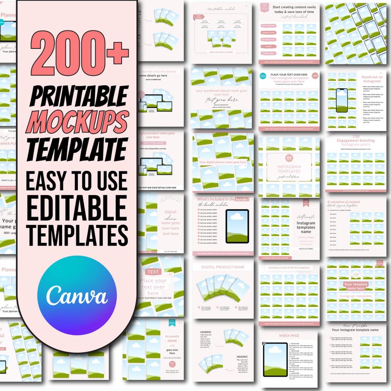 May include: A pink and white graphic with the text "200+ Printable Mockups Template" and "Easy to Use Editable Templates". The graphic also includes the Canva logo. The image shows a variety of mockups for social media posts, including phone screens, computer screens, and other digital devices. The mockups are all in a green and white color scheme.