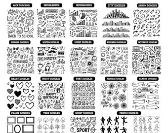 DOODLES Lineart Elements Bundle - Doodles png clip art designs - Doodles Seamless Graphics Bundle Instant Download