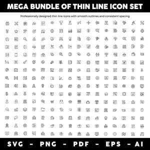 May include: A black and white graphic showcasing a mega bundle of thin line icons. The icons are professionally designed with smooth outlines and consistent spacing. The image includes the text "MEGA BUNDLE OF THIN LINE ICON SET".