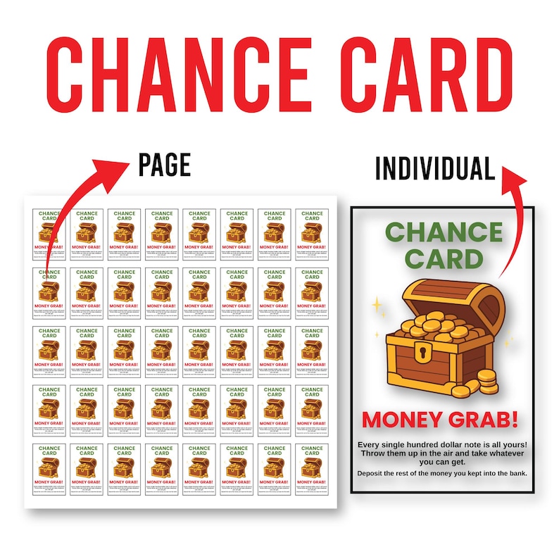 May include: A sheet of "Chance Card" game cards with a treasure chest graphic and the words "Money Grab!". The individual card shows a treasure chest overflowing with gold coins. The text reads "Every single hundred dollar note is all yours!"