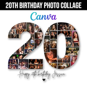 20th Birthday Photo Collage Template, Number 20 Collage, 20th Collage, Custom Gift for her, 20th Birthday, Number Collage, Canva Template