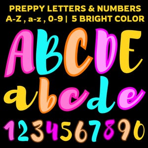 Preppy Letters and Numbers PNG Bundle, Bright Doodle Alphabet Clipart, Colorful A-Z a-z 0-9 Sublimation Font, Teacher Craft Design, 5 sets.