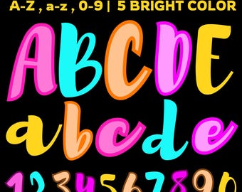 Preppy Letters and Numbers PNG Bundle, Bright Doodle Alphabet Clipart, Colorful A-Z a-z 0-9 Sublimation Font, Teacher Craft Design, 5 sets.
