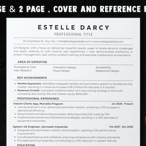 Może przedstawiać: Profesjonalny szablon CV z imieniem Estelle Darcy i tytułem "Professional Title". CV zawiera sekcje dotyczące wiedzy specjalistycznej, kluczowych osiągnięć i doświadczenia zawodowego. Widoczne ikony dla Word, PDF, Canva i CV przyjaznego dla ATS.