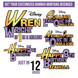 Puede incluir: Un diseño gráfico con texto en amarillo, morado y negro. El texto incluye nombres, deseos de cumpleaños y la frase "uno entre un millón". El diseño está tematizado en Hannah Montana.