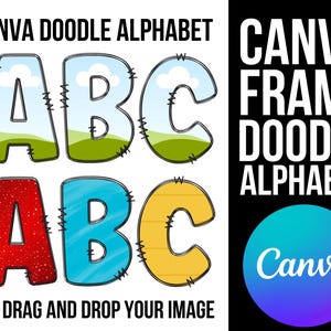Canva Frame Doodle Alphabet UPPERCASE and Numbers, Editable Canva Letters template Custom Fill Pattern Digital Downloads