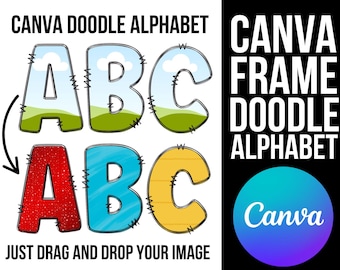 Canva frame doodle alfabet HOOFDLETTERS en cijfers, bewerkbare sjabloon Canva Letters Aangepast opvulpatroon Digitale downloads