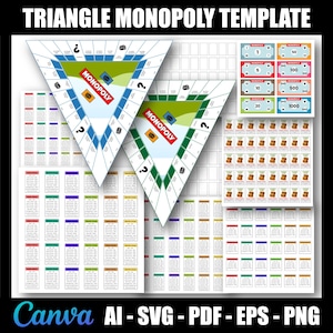 Puede incluir: Una plantilla del juego Monopoly con un diseño de tablero triangular. La imagen incluye dos tableros de juego triangulares, tarjetas de propiedad, dinero y tarjetas de suerte. El texto "TRIANGLE MONOPOLY TEMPLATE" está en la parte superior y "Canva AI - SVG - PDF - EPS - PNG" en la parte inferior.