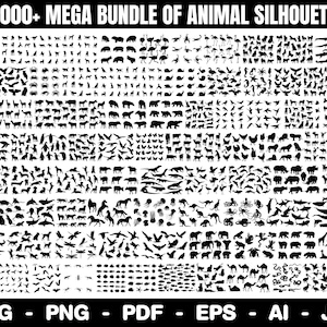 Pode incluir: Gráfico a preto e branco com mais de 5000 silhuetas de animais, incluindo aves, mamíferos e criaturas aquáticas. A imagem é rotulada como "5000+ MEGA BUNDLE OF ANIMAL SILHOUETTE". Formatos de arquivo: SVG, PNG, PDF, EPS, AI e JPG. Uma coleção completa.
