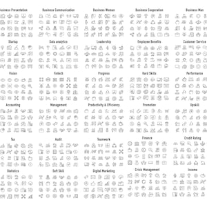 May include: A black and white illustration of 100 business icons, including icons for business presentation, communication, woman, cooperation, man, startup, data analytics, leadership, employee benefits, customer service, vision, fintech, progress, hard skills, performance, accounting, management, productivity and efficiency, promotion, upskilling, tax, audit, teamwork, finance, credit rating, statistics, soft skills, digital marketing, crisis management, and income.