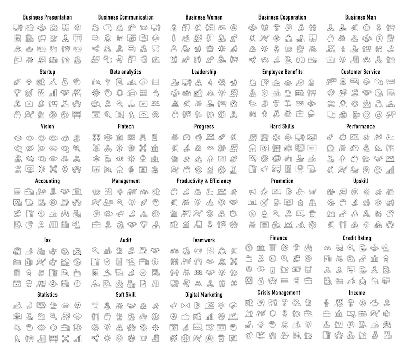 May include: A black and white illustration of 100 business icons, including icons for business presentation, communication, woman, cooperation, man, startup, data analytics, leadership, employee benefits, customer service, vision, fintech, progress, hard skills, performance, accounting, management, productivity and efficiency, promotion, upskilling, tax, audit, teamwork, finance, credit rating, statistics, soft skills, digital marketing, crisis management, and income.
