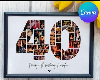 40th Birthday Photo Collage Template, Number 40 Collage, 40th Collage, Custom Gift for her, 40th Birthday, Number Collage, Canva Template