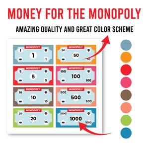 May include: A collection of Monopoly money in various denominations, including 1, 5, 10, 20, 50, 100, 500, and 1000. Each bill features the Monopoly logo and a diamond graphic. The text "MONEY FOR THE MONOPOLY" is at the top.