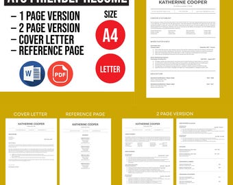 May include: A resume template with the text "ATS FRIENDLY RESUME" and options for 1 and 2 page versions, a cover letter, and a reference page. Includes A4 and Letter size options, and Word and PDF file formats. Sample resume pages are also shown.