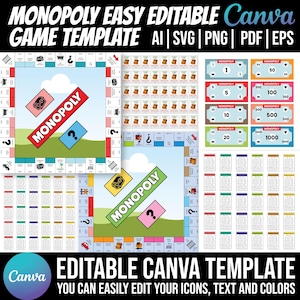 Könnte beinhalten: Eine Monopoly-Spielvorlage mit blauem Himmel und grünem Gras im Hintergrund. Spielbrett, Geld und Eigentumskarten sind abgebildet. Der Text "MONOPOLY EASY EDITABLE GAME TEMPLATE" steht oben und "EDITABLE CANVA TEMPLATE" unten.