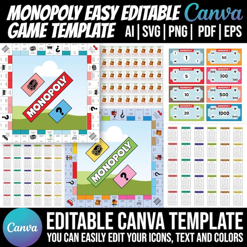 May include: A Monopoly game template with a blue sky and green grass background. The game board, money, and property cards are displayed. The text "MONOPOLY EASY EDITABLE GAME TEMPLATE" is at the top, and "EDITABLE CANVA TEMPLATE" is at the bottom.