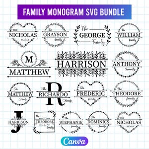 Könnte beinhalten: Eine Sammlung schwarzer Familienmonogramm-Designs mit floralen und herzförmigen Rahmen. Namen wie Nicholas, Grayson und Matthew sind enthalten. Der Text "Family Monogram SVG Bundle" befindet sich oben.