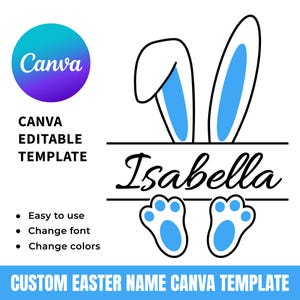Peut inclure: Un modèle Canva pour un nom de Pâques personnalisé. Le design comprend des oreilles de lapin, des empreintes de pattes et le nom "Isabella" en écriture cursive. Le modèle est facile à utiliser et permet de modifier la police et les couleurs.