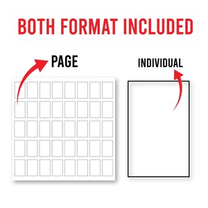 May include: Image showing two formats: "PAGE" with multiple rectangular outlines and "INDIVIDUAL" with a single rectangular outline. The text "BOTH FORMAT INCLUDED" is in red at the top. Red arrows point to each format.