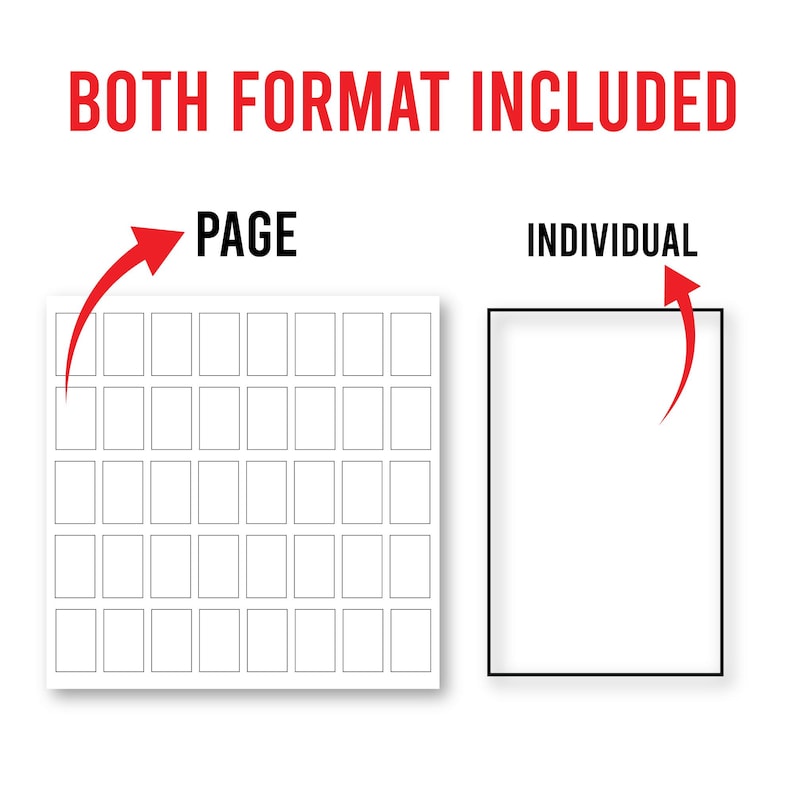 May include: Image showing two formats: "PAGE" with multiple rectangular outlines and "INDIVIDUAL" with a single rectangular outline. The text "BOTH FORMAT INCLUDED" is in red at the top. Red arrows point to each format.