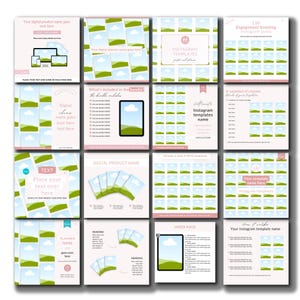 May include: A set of 130 Instagram post templates featuring a green and blue landscape design. The templates are designed to boost engagement and include a variety of content layouts. The text "Instagram Templates" is included in the design.