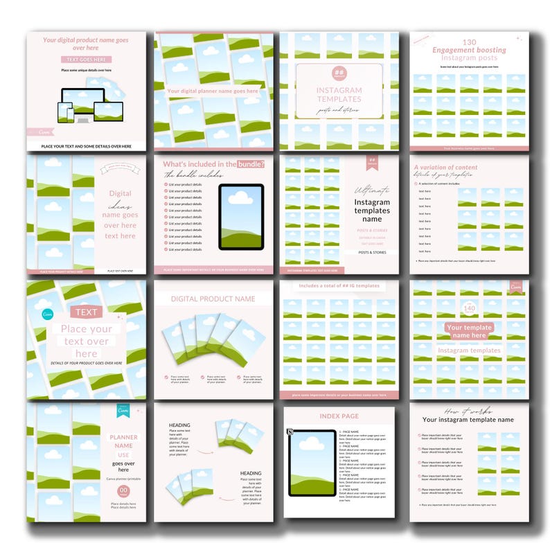 May include: A set of 130 Instagram post templates featuring a green and blue landscape design. The templates are designed to boost engagement and include a variety of content layouts. The text "Instagram Templates" is included in the design.