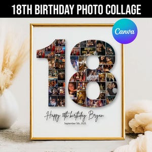 18th Birthday Photo Collage, 18th Birthday Gift, Birthday Number 18 Printable, 18th Photo Collage Template, Editable 18th Birthday, Canva
