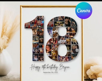 18th Birthday Photo Collage, 18th Birthday Gift, Birthday Number 18 Printable, 18th Photo Collage Template, Editable 18th Birthday, Canva
