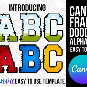 Varsity Canva Frame Doodle Alphabet UPPERCASE and Numbers, Editable Canva Letters template Custom Fill Pattern Digital Downloads