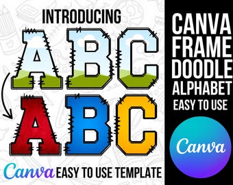 Varsity Canva Frame Doodle-alfabet HOOFDLETTERS en cijfers, bewerkbare sjabloon Canva Letters Aangepast opvulpatroon Digitale downloads