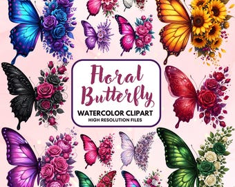 Imágenes prediseñadas de mariposas florales, paquete de imágenes prediseñadas de mariposas en acuarela, paquete de mariposas coloridas en formato PNG, mariposas adorables, mariposa botánica