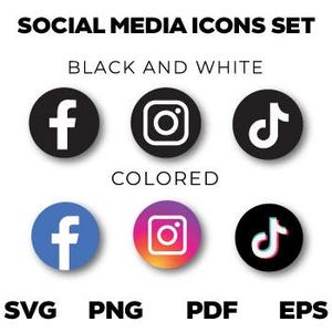50x Social media Icons Svg Pdf, Black and Colored Media Icons Vector Digital Download