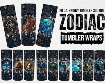 Zodiac bekerverpakking 20oz, png | Magere beker astrologie sterrenbeeld sublimatieontwerp | Digitale download | Rechte omslag beker, png