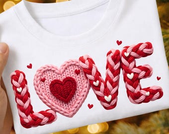 Faux Yarn Crochet Love Valentines Day PNG | Latch Hook Yarn Heart Sublimation Designs | Coquette Retro Valentine Shirt PNG Download